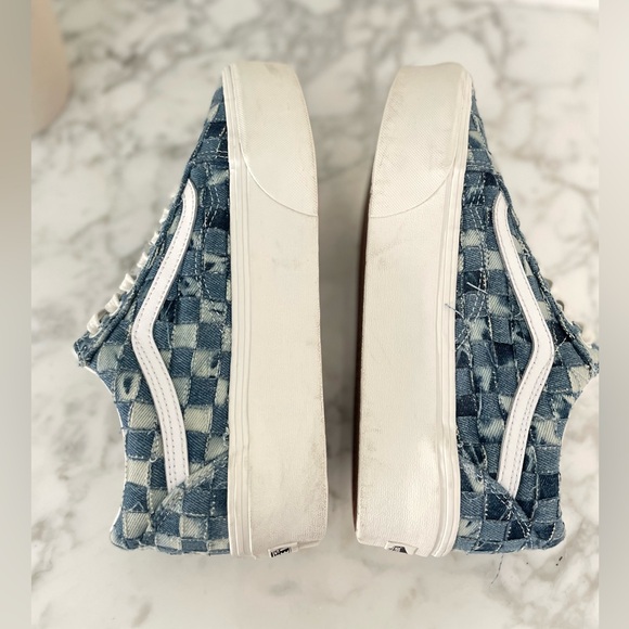 Vans Old Skool Stacked Woven Denim Platform Chunky Sneakers Blue Checkered 3D - Picture 4 of 11